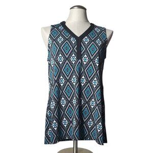 AB Studio XL Geometric Tunic Blouse Boho Blue Black Sleeveless V Neck